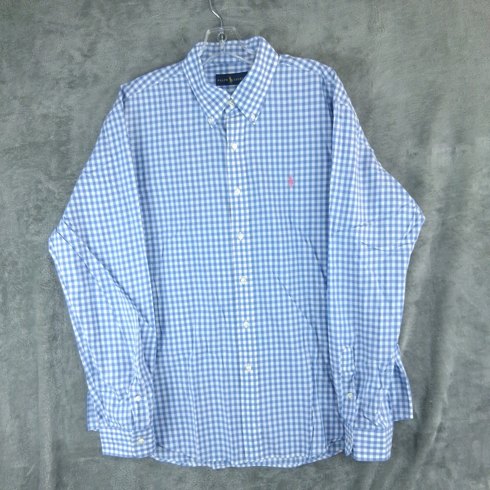 Ralph Lauren Button Down Shirt Men's XL Blue White Gingham Pink Pony Preppy